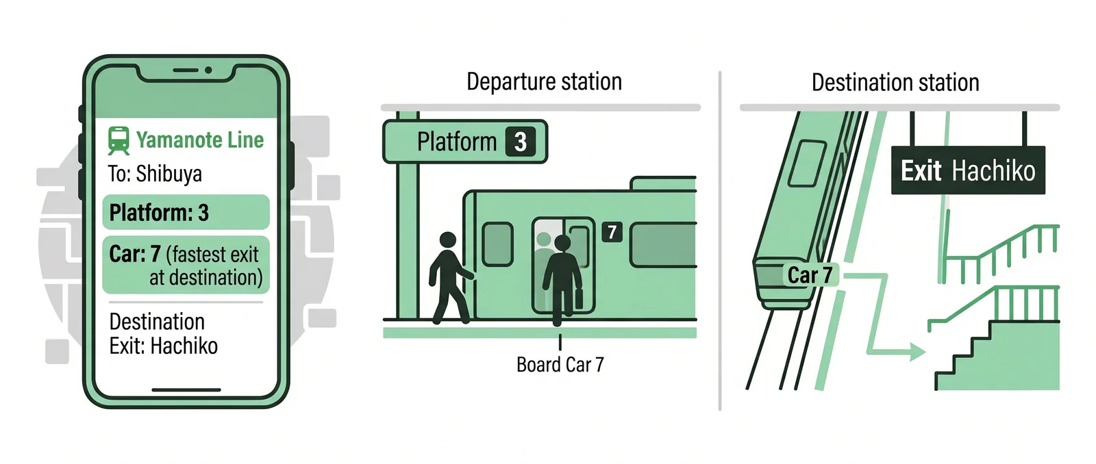 Google Maps transit directions expanded to show platform number, car boarding position, and step-by-step walking instructions