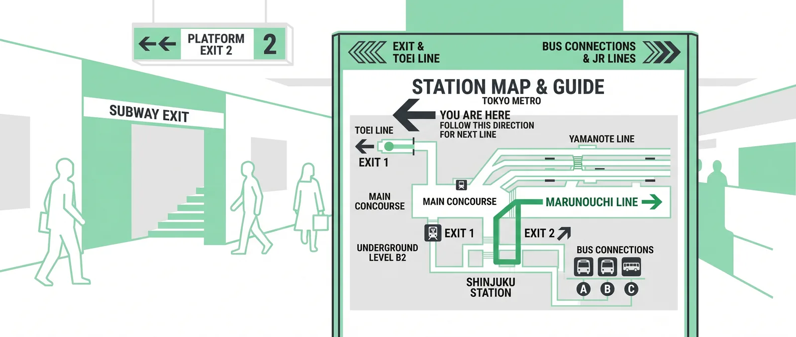 Platform signpost showing a station map with exits, connecting lines, and directional arrows labelled in English