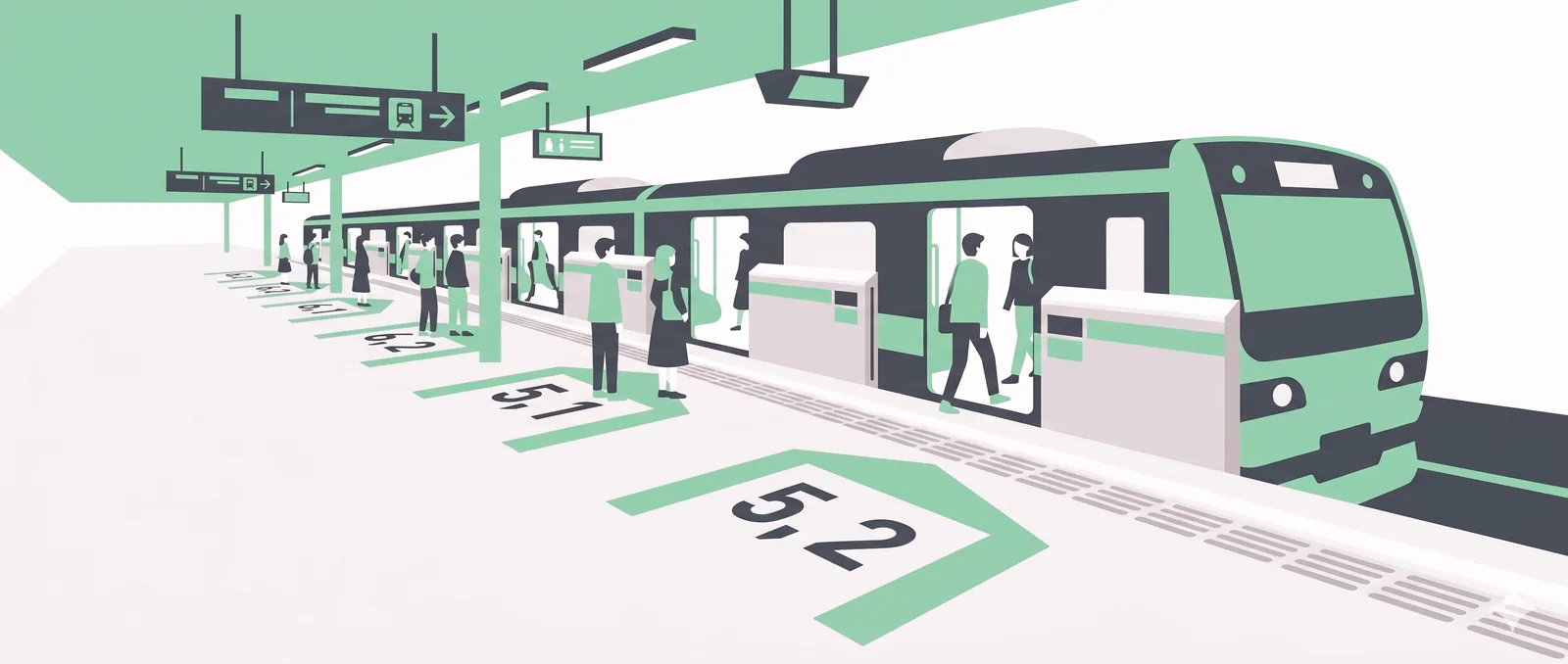 Platform floor boarding marks showing car number and door number printed next to each waiting position