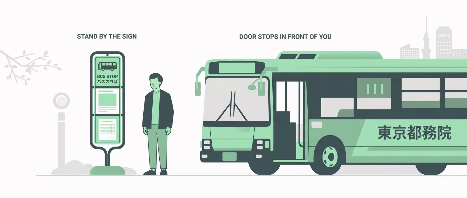 Person standing directly beside a Tokyo bus stop sign as a bus pulls up, with the correct door stopping in front of them
